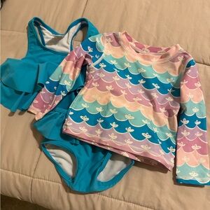 Ruffle Butts Teal Two-Piece Swimsuit with Pastel Wave Rash Guard